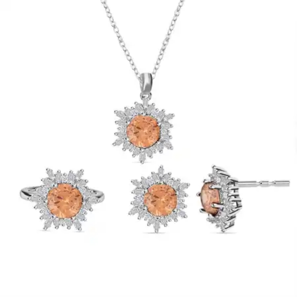 White & Champagne Simulated Diamonds Ring, Earrings, & Necklace